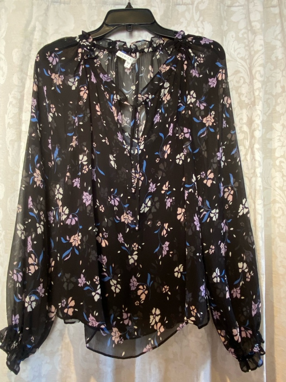 Veronica Beard Black Floral Tie-Neck Blouse with Pink and Blue Flowers